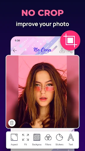 No Crop photo editor app showing profile picture with pink background and editing tools for aspect ratio and filters