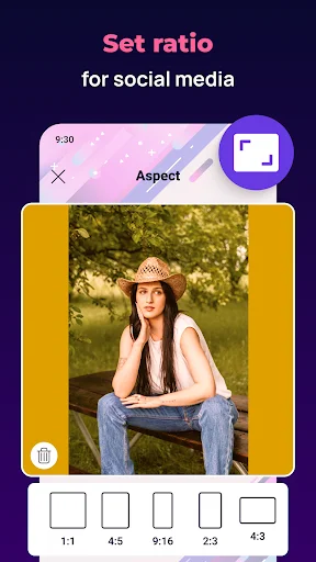 Set social media aspect ratio feature in No Crop app displaying photo with custom border in 1:1, 4:5, 9:16, 2:3, 4:3 formats
