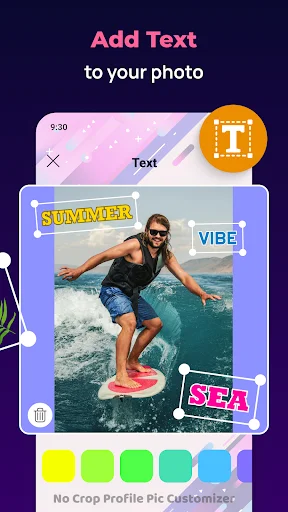 Add text to photos feature in No Crop app with colorful text options like SUMMER VIBE and SEA on surfing image