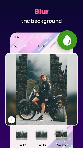 Blur background effect in No Crop profile pic editor with intensity options: Blur X1, Blur X2, and Pixelate filters