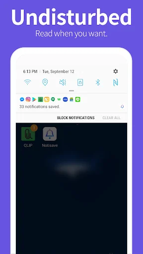 Notisave app showing Undisturbed mode with saved notifications from multiple apps displayed offline