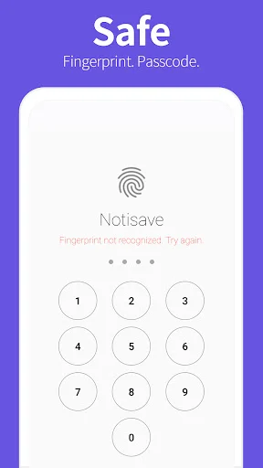Notisave security authentication screen with fingerprint recognition and numeric keypad protection