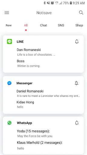 Notisave notifications feed with tabbed navigation for New, All, Chat, SNS categories and messaging apps