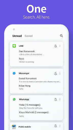 Notisave notification organizer with Unread and Saved tabs showing LINE, Messenger, and WhatsApp messages