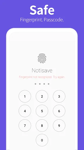 Notisave security screen showing fingerprint authentication and numeric passcode entry for private access