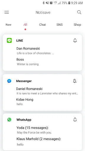 Notisave notification manager home screen with tabs for New, All, Chat, SNS, and Shop categories