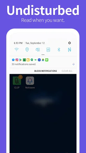 Notisave saved notifications inbox displaying 33 messages from multiple apps with blocked notification section