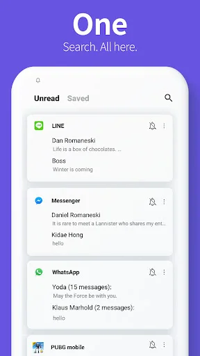 Notisave search results showing notifications from LINE, Messenger, WhatsApp with Unread and Saved tabs