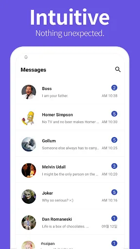 Notisave Messages view showing conversation list with contact names, previews, and read status indicators