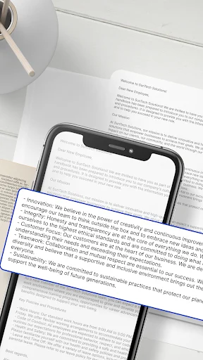 OCR app scanning printed document with smartphone camera to extract and convert text from image