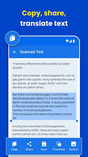 OCR text results page with copy, share, translate, save, and switch editing tools for scanned content