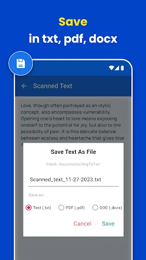 Export scanned text file dialog offering TXT, PDF, DOCX format options in OCR converter application