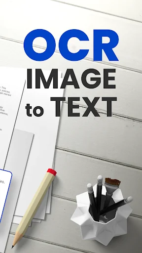 OCR Image to Text app logo on white desk with pencil and coffee showing text conversion feature