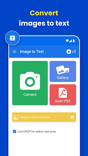 Image to Text converter home screen with Camera, Gallery, and Scan PDF options for OCR conversion
