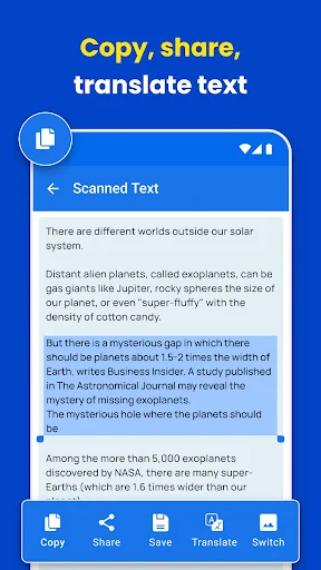 Scanned text screen showing copy, share, translate, and save options for extracted OCR text content