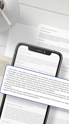 Mobile OCR scanner extracting text from printed document using smartphone camera technology