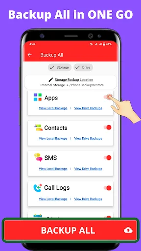 Phone Backup and Restore app main screen showing backup options for Apps, Contacts, SMS, and Call Logs with red Backup All button