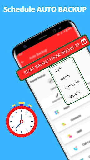 Schedule AUTO BACKUP feature with date selector showing Daily, Weekly, Fortnightly, Monthly intervals and clock icon