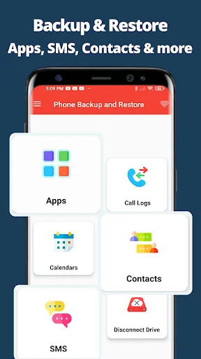Backup & Restore main menu showing six data categories: Apps, Call Logs, Calendars, Contacts, SMS, and Disconnect Drive tiles