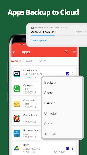 Apps Backup to Cloud interface with app list and context menu for managing individual app backups and actions