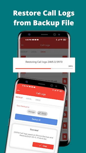 Restore Call Logs from Backup File showing progress dialog and Drive storage option in restoration interface
