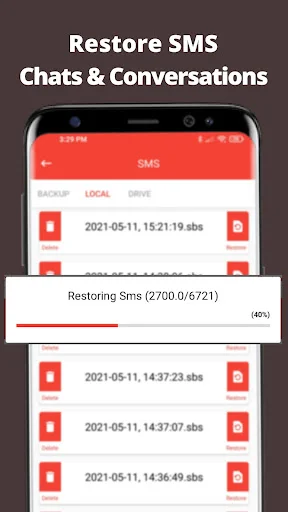 Restore SMS Chats & Conversations screen with progress bar showing 2700 messages being restored at 40% completion