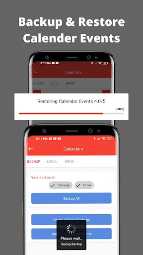 Backup & Restore Calendar Events showing restoration progress for 4 of 5 events with Storage and Drive backup options