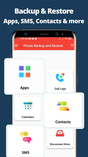 Phone Backup and Restore home screen displaying grid of backup categories: Apps, Call Logs, Calendars, Contacts, SMS, and Disconnect Drive