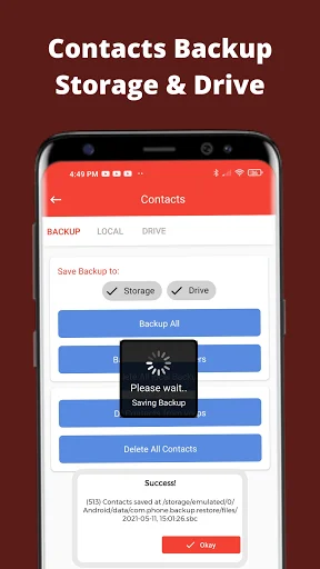 Contacts Backup screen showing storage options with 'Saving Backup' progress dialog and success message in Phone Backup and Restore app