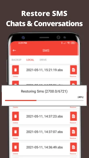 Restore SMS Chats & Conversations screen displaying SMS restoration progress at 40% with timestamped message list