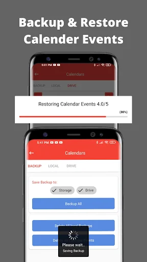 Backup & Restore Calendar Events screen showing restoration progress and backup options with Storage and Drive selections