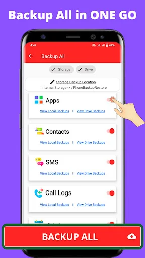 Phone Backup and Restore app Backup All screen with categories for Apps, Contacts, SMS, Call Logs and red Backup All button