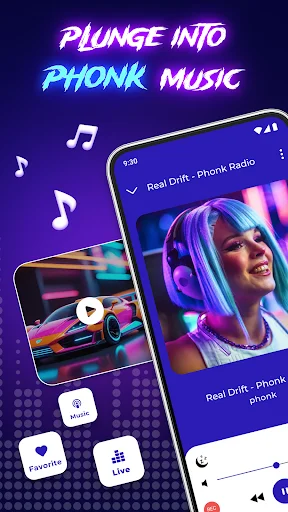 Phonk Music app home screen showing radio stations with neon graphics, music player controls, and favorites