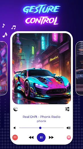 Now playing screen with cyberpunk sports car album art, volume control, and Real Drift Phonk Radio station