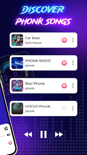 Phonk radio station list displaying Car Bass, PHONK RADIO, Real Phonk, HillChill with playback controls
