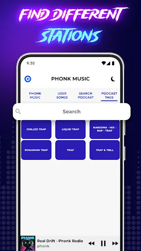 Station discovery page with search bar and phonk music genre filters for trap, hip hop, and bass music styles
