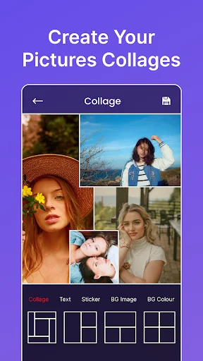 Photo Editor collage maker interface showing multi-photo grid layout with template options and editing tools