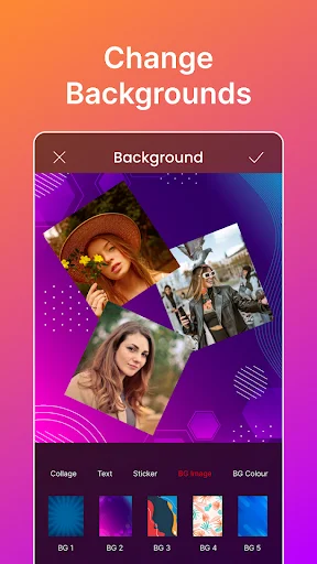Change backgrounds editor with gradient backdrop and multiple photo arrangement with BG image and color options