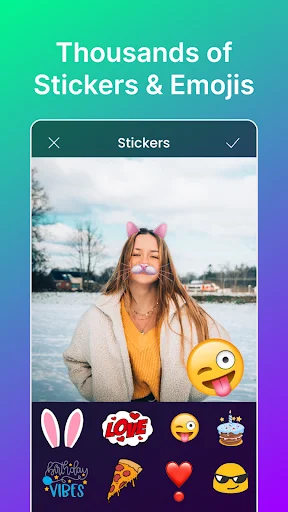 Stickers and emojis feature for photo editing with thousands of fun sticker options including emojis and graphics