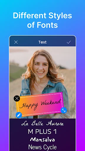 Different font styles text editor showing Happy Weekend message with customizable typography options for photo editing