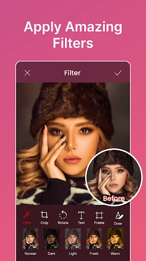 Photo filter editor screen displaying before/after comparison with filter options including Normal, Dark, Light, Fresh, Warm