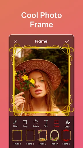 Photo frame editor with decorative gold ornamental frame around portrait photo and frame style selection options