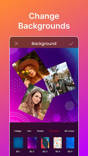 Background changer feature showing photos with vibrant purple gradient background and multiple background templates