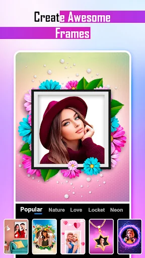 Photo Frames app showing woman in floral frame with Popular, Nature, Love, Locket, Neon frame categories
