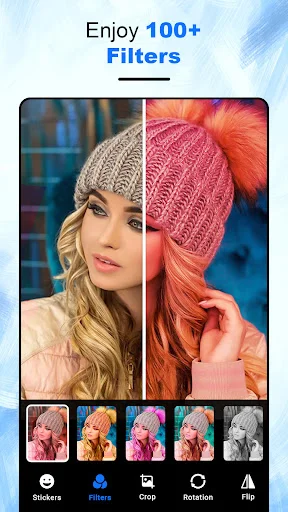 Photo filter app showing split-screen color effect comparison with 100+ filters available