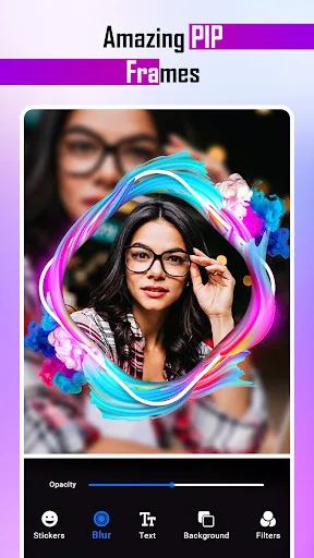 PIP frame editor with colorful swirl frame on photo, blur and filter editing tools visible at bottom