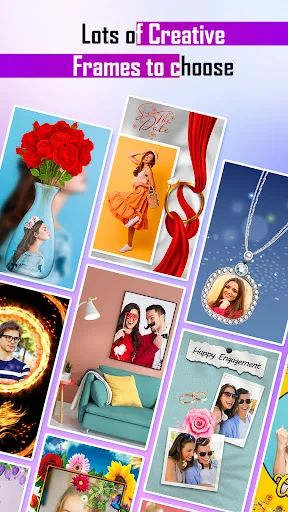 Photo frame gallery showing creative templates including roses, ribbons, lockets for various occasions