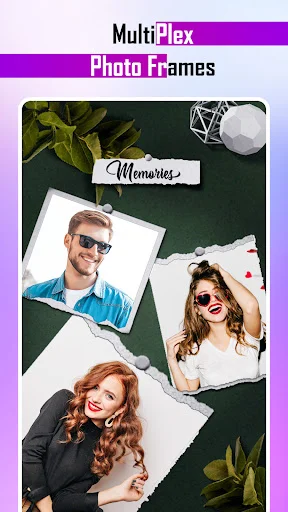 Multiplex collage template displaying three portrait photos with 'Memories' label on green background