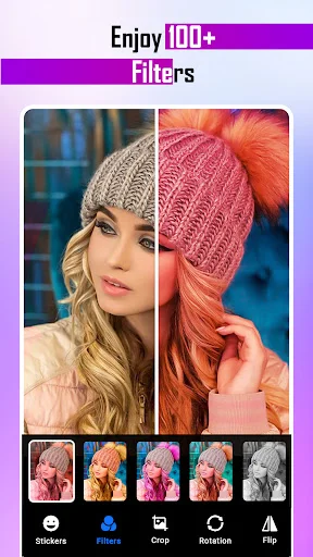 Photo filter editor showing before/after comparison with 100+ filters and editing tools displayed below
