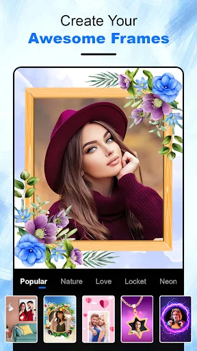 Woman photo in yellow floral frame with 'Create Your Awesome Frames' header and frame category options